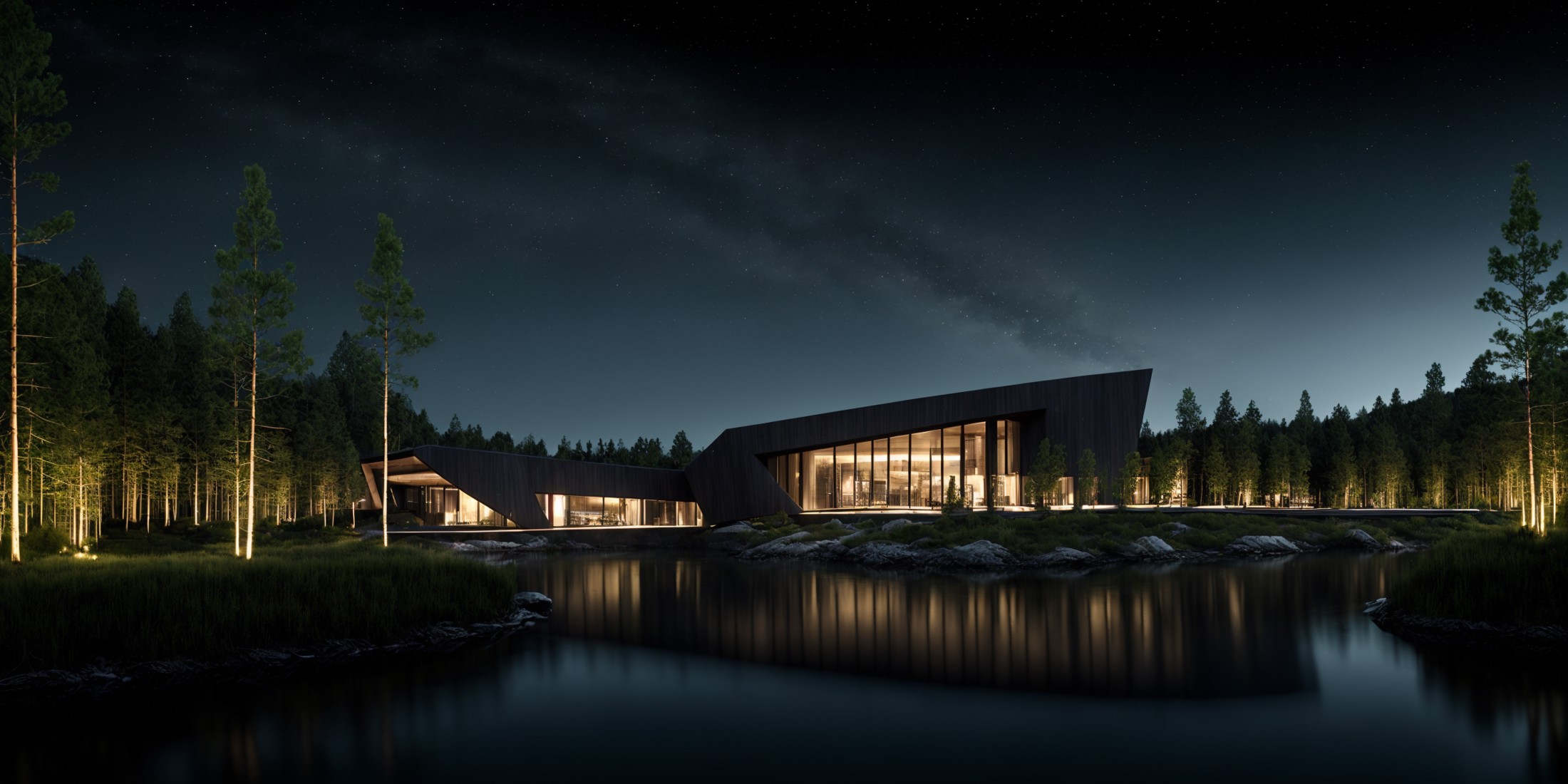 19078-1905135418-modern architecture style, photo realistic, clean sky, single building,(night_1.3),forest,river.png